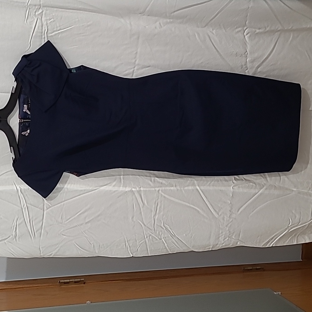 Womens Ted Baker Navy Bow Shoulder Sheath Pencil Dress Size 0 NWOT